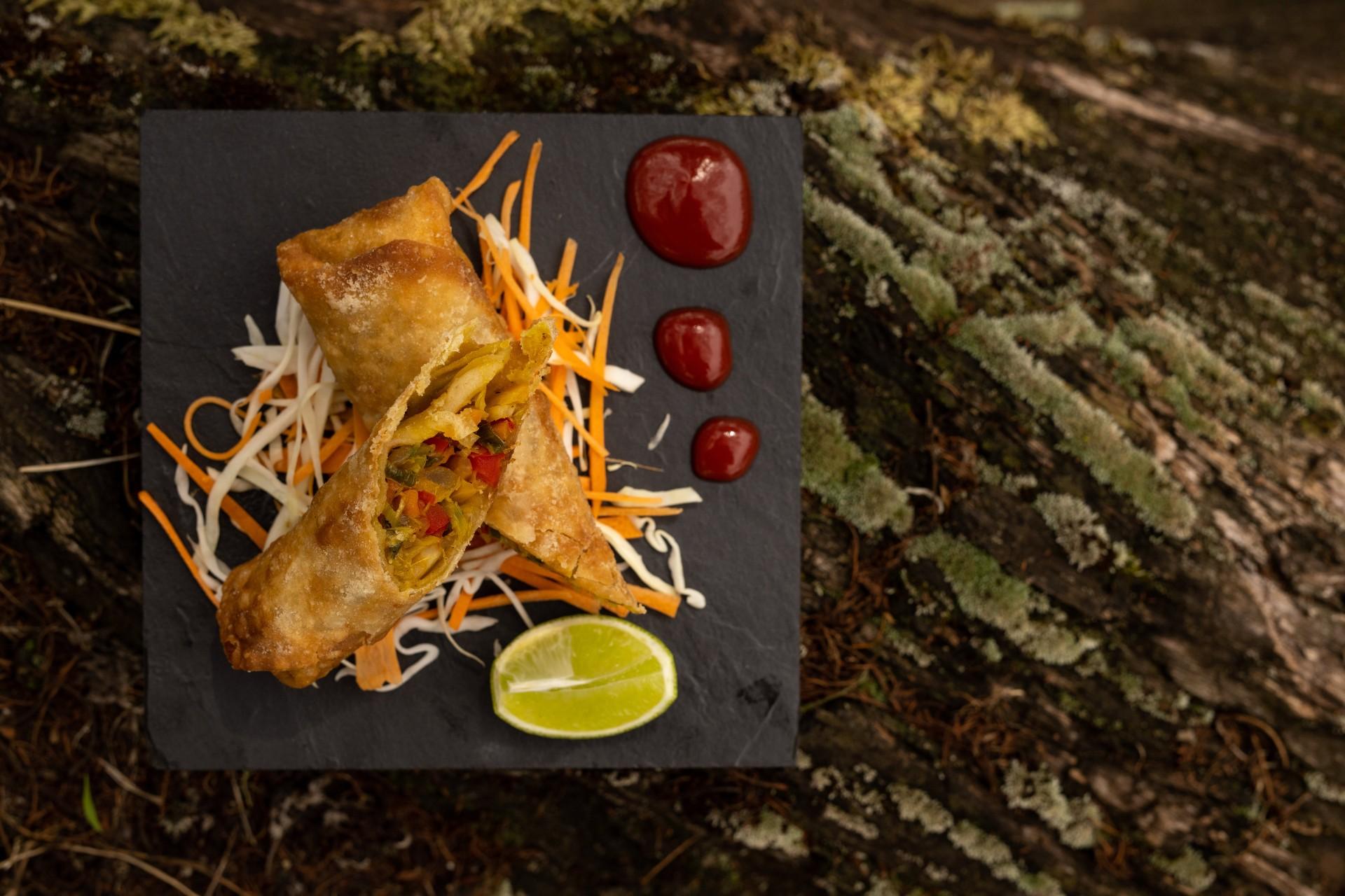 Plated vegetable wraps during bush dining experience at Karibu camps
