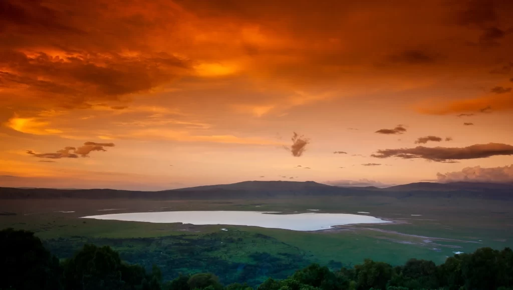Aerial view of Ngorongoro crater during sunset