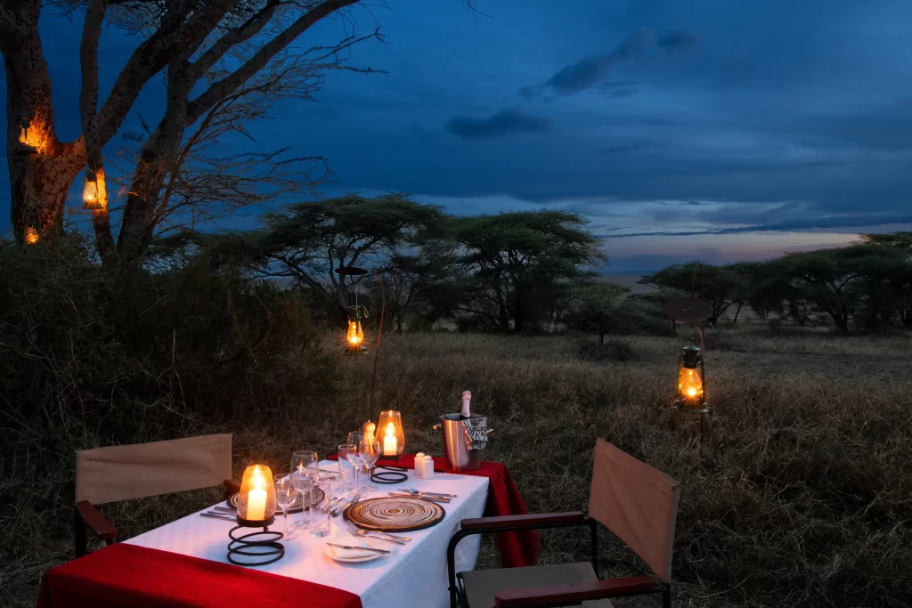 Table set for dinner for two in the bush - Woodlands camp bush dining experience